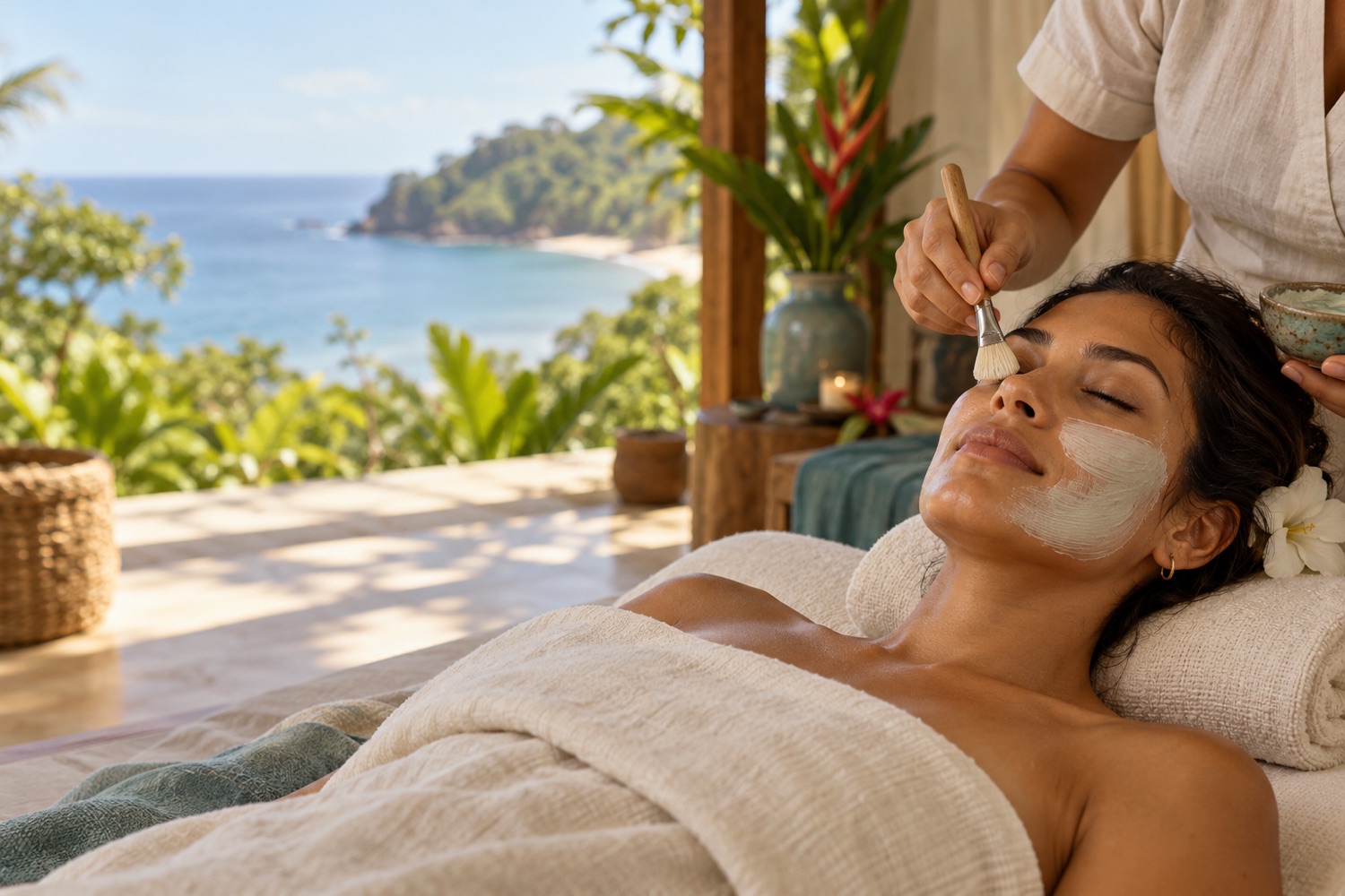 Mujer disfrutando un tratamiento facial en un spa tropical